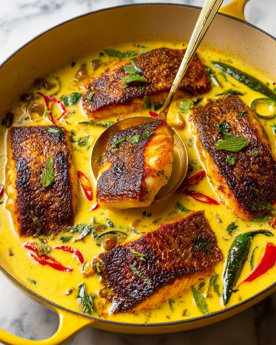 The image shows a silver tray filled with ingredients arranged neatly on a white marbled surface. At the center and taking up most of the space are four bright orange salmon fillets with white stripes, placed on a piece of brown parchment paper. To the top right is a white bowl with brown spots holding red and green bell pepper strips. On the left side, there are thick white sliced onions with fresh green sprigs of thyme lying over them. Near the bottom left corner is a yellow and a green small pepper next to a clear yellow curry powder packet labeled