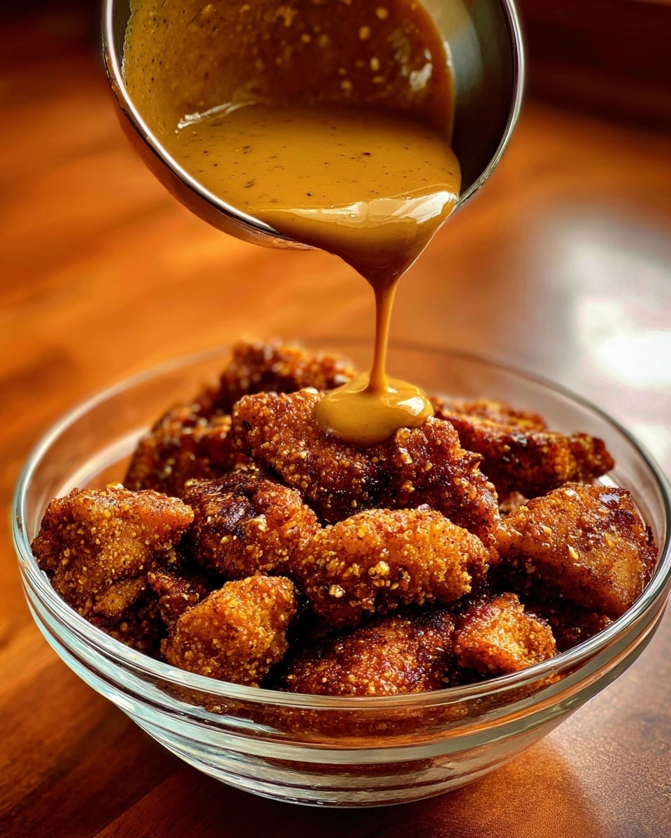 The image shows a clear glass bowl filled with several browned, crispy pieces of chicken that have a rough texture and a golden to dark brown color. Above the bowl, a smaller metal bowl is tilted, pouring a smooth, light brown sauce over the chicken pieces. The background surface is a warm wooden texture. photo taken with an iphone --ar 4:5 --v 7
