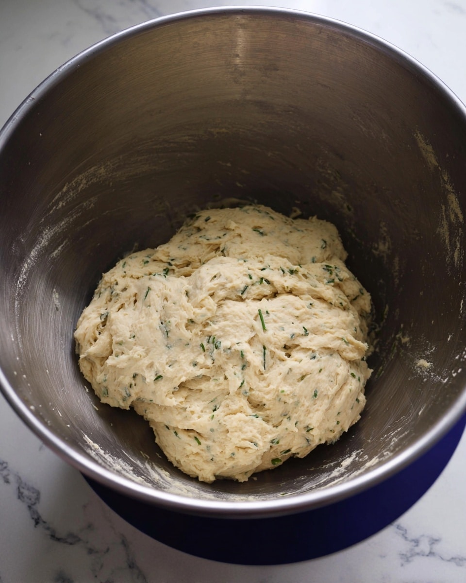Inside a large silver metal bowl sits a rough ball of light beige dough mixed with small green herb pieces scattered throughout. The dough looks soft and slightly sticky with a textured surface. The bowl has a shiny finish and rests on a dark blue base. The background is a white marbled surface. Photo taken with an iphone --ar 4:5 --v 7
