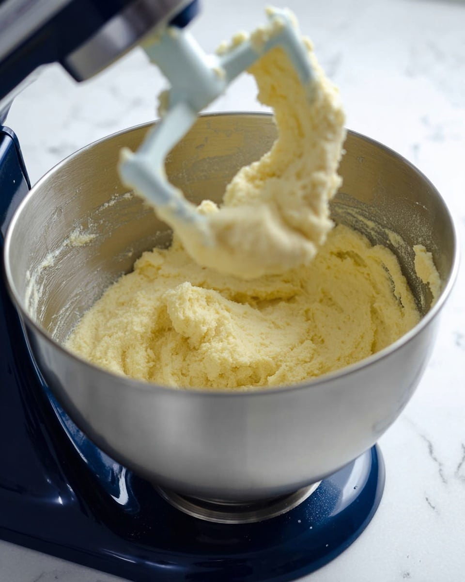 A close-up of a steel mixing bowl attached to a dark blue stand mixer, filled with pale yellow, creamy batter with a smooth and slightly fluffy texture, partially stuck to the sides and base of the bowl. A white paddle attachment with some batter clinging to it is lifted above the bowl, showing the thick and soft consistency of the mixture. The surface beneath the mixer features a white marbled texture, adding a clean and bright background to the scene. Photo taken with an iphone --ar 4:5 --v 7