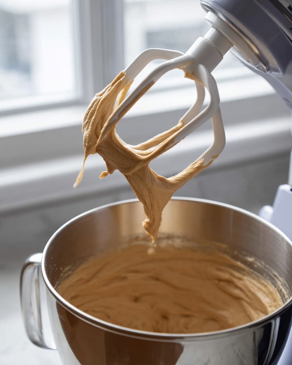 A close-up view of light brown, smooth batter coating a white metal beater attached to a stand mixer, held above a shiny silver mixing bowl filled with the same creamy batter that has a thick yet soft texture. The background shows a bright window with white framing, and everything is placed on a white marbled countertop. photo taken with an iphone --ar 4:5 --v 7