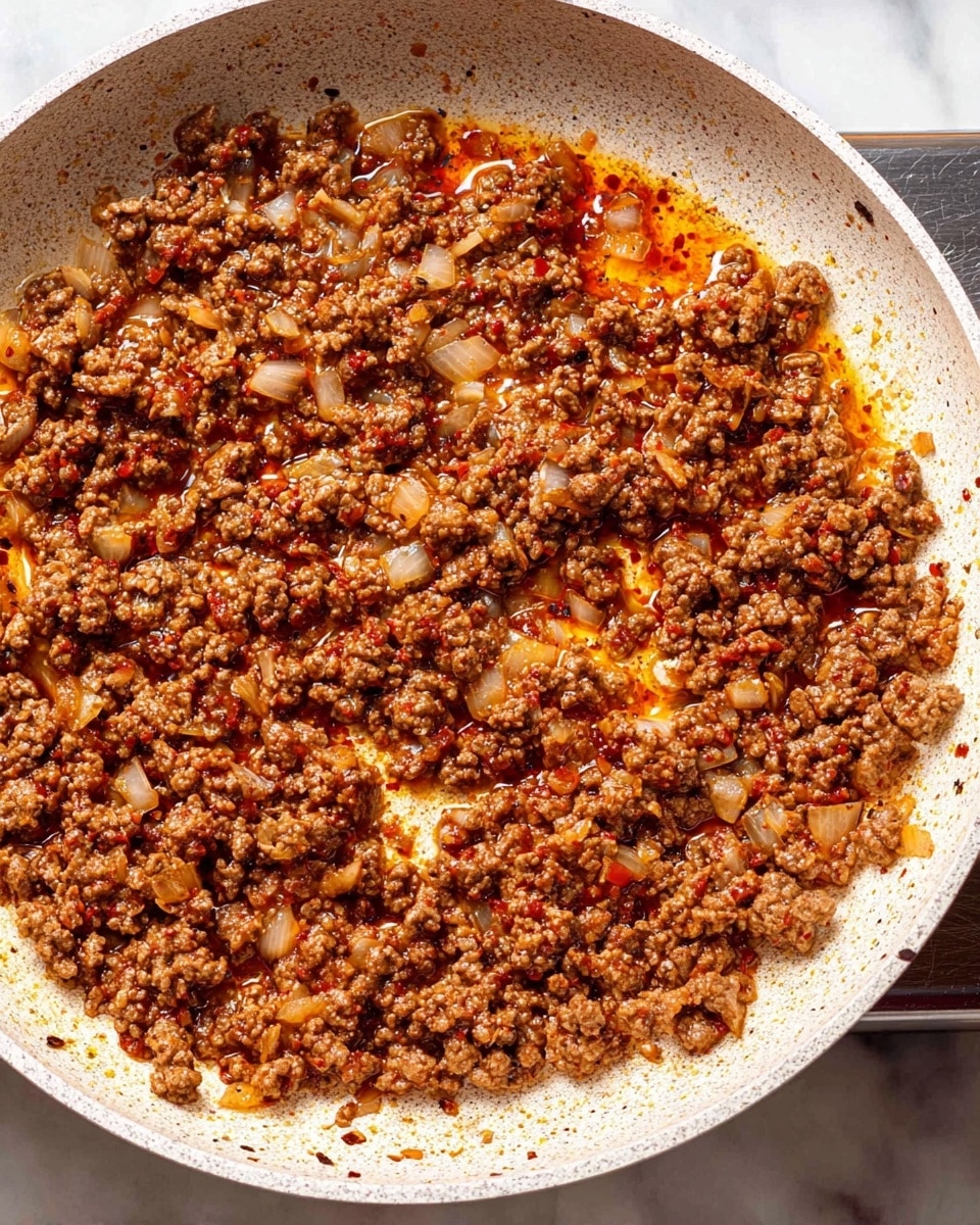 A white speckled pan filled with cooked ground meat mixed with small pieces of translucent onion, all coated in a reddish-brown sauce with visible oil and spices, creating a textured and slightly shiny surface. The meat and onions form an even layer spread across the pan with some small spaces showing the white pan underneath. The background is a white marbled texture. Photo taken with an iphone --ar 4:5 --v 7