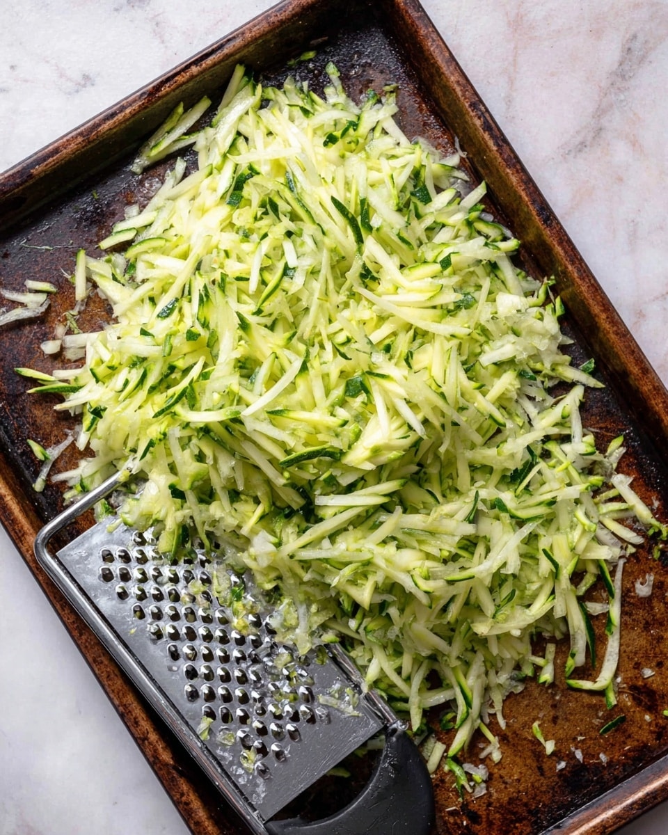 A pile of freshly grated light green zucchini with visible dark green skin on an old, dark metal baking tray. The grated zucchini strands are thin and moist, spread mostly in the center and right side of the tray, with some scattered pieces around. On the lower left part of the tray, a metal grater with small holes and a black handle partially rests, showing some bits of grated zucchini stuck on it. The scene is set on a white marbled surface. photo taken with an iphone --ar 4:5 --v 7