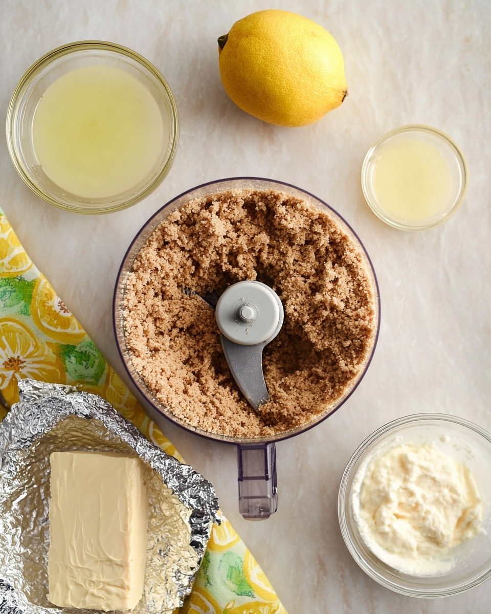 The image shows a food processor bowl filled with a crumbly light brown mixture, with the blades visible in the center. Around the processor, on a white marbled surface, there is a whole yellow lemon at the top center, a small glass bowl with a pale yellow liquid on the left, and a small glass bowl with a thick white cream on the right. To the lower left, there is a block of soft white cheese partially wrapped in silver foil and a folded cloth with yellow and green patterns. Photo taken with an iphone --ar 4:5 --v 7