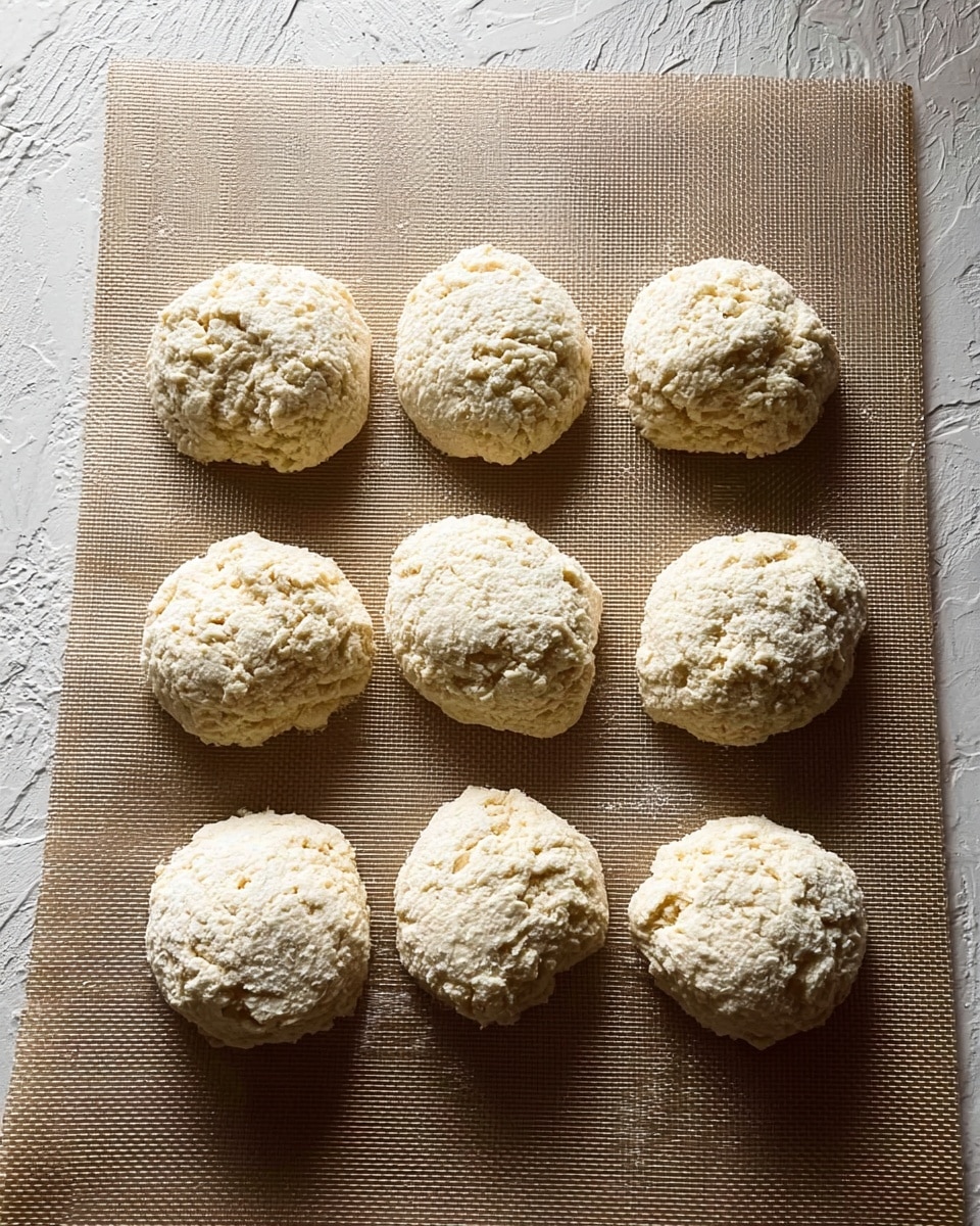 Nine rough white dough balls with a textured surface are placed evenly in three rows on a beige baking mat. The dough pieces have an uneven shape and look soft and crumbly, sitting on a flat surface with a subtle woven texture. The background around the mat is changed to a white marbled texture. photo taken with an iphone --ar 4:5 --v 7