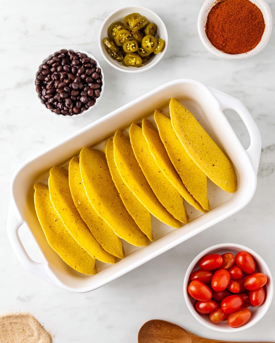 The image shows a white baking dish filled with seven yellow corn taco shells arranged flat in a single layer, some slightly overlapping and showing specks of seasoning. Around the dish, on a white marbled surface, there are four small white bowls; one contains black beans, another has green chopped pickled jalapeños, a third holds a pile of reddish-brown chili powder, and the last bowl is filled with bright red grape tomatoes. A wooden spoon peeks from the right side beneath the baking dish. The scene is clean and bright, with a focus on the ingredients for making tacos. photo taken with an iphone --ar 4:5 --v 7