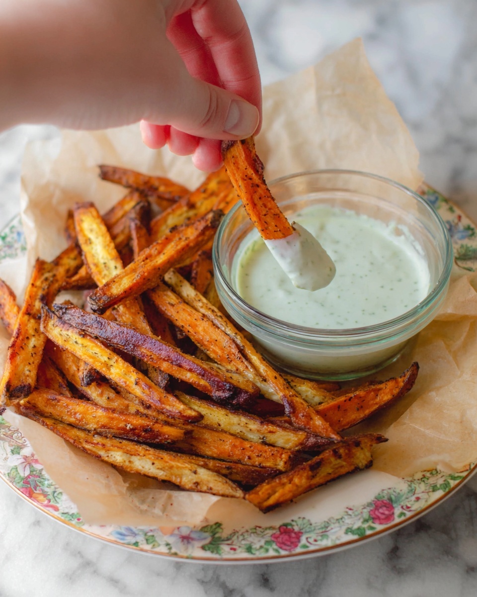 A close-up photo shows a white plate with a floral pattern holding crispy sweet potato fries that are golden brown with some darker charred edges, resting on a piece of light brown parchment paper. In the center of the plate, there is a small clear glass bowl filled with a light green creamy dipping sauce. A woman's hand is dipping one sweet potato fry into the sauce. The background is a white marbled surface. photo taken with an iphone --ar 4:5 --v 7