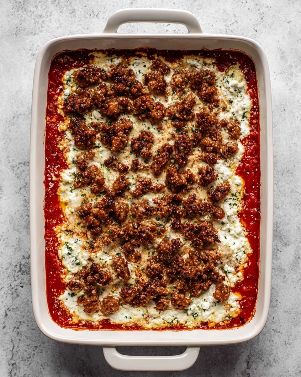 The image shows a white rectangular baking dish with two handles, placed on a white marbled surface. Inside, there are three visible layers: the bottom layer is a bright red sauce spread evenly, the middle layer is a white, creamy cheese mixture with specks of green herbs, and the top layer consists of browned, crumbled meat scattered over the cheese layer. The meat pieces have a crispy texture with dark golden edges, and the layers fill the dish completely, creating a rich and hearty look. Photo taken with an iphone --ar 4:5 --v 7