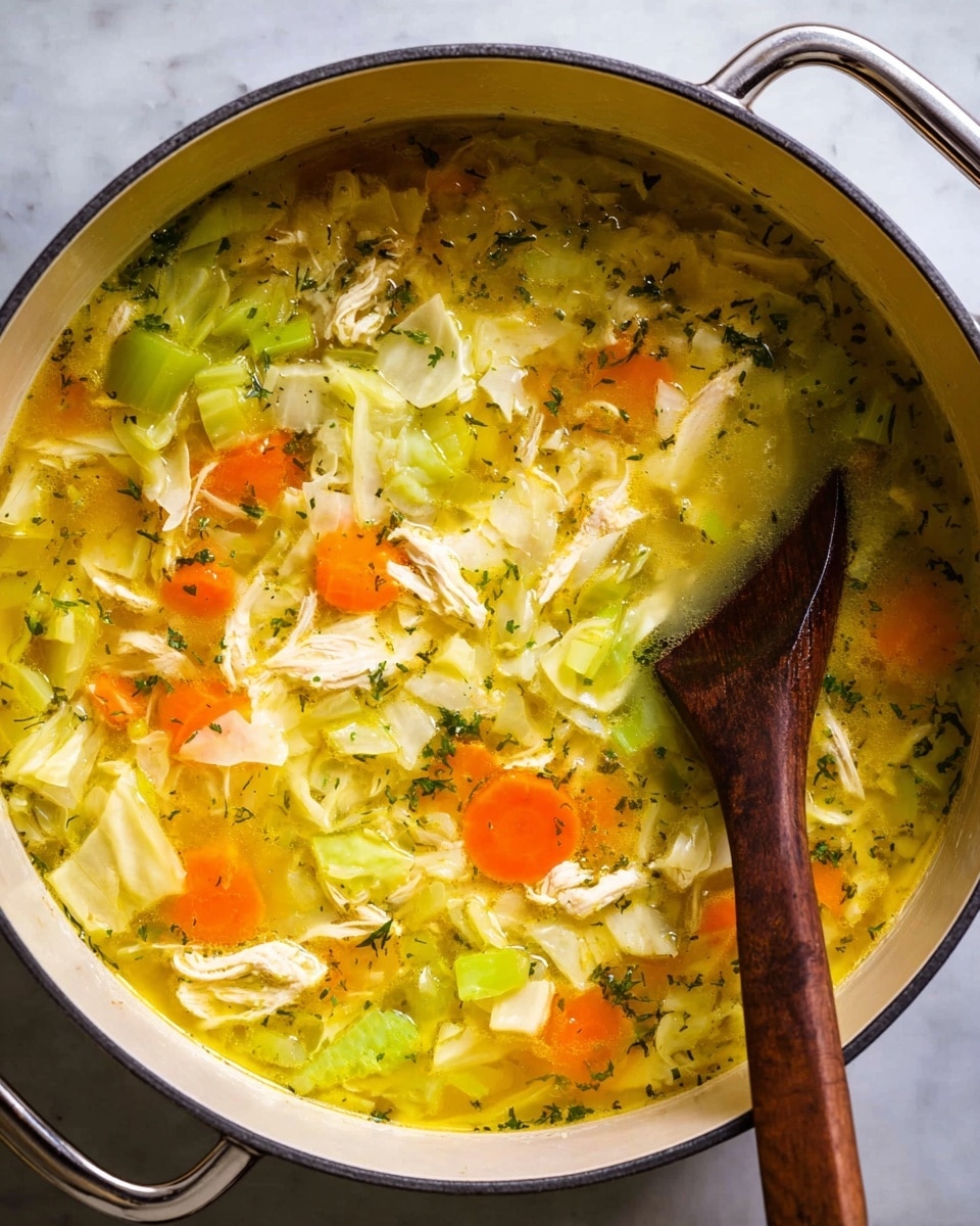 A white bowl filled with clear golden soup containing visible chunks of light orange carrot slices, pale green celery sticks, and white shredded chicken pieces with some soft, pale yellow cabbage leaves floating, sprinkled with small green herbs. A silver spoon rests inside the bowl on the right side. The bowl sits on a white marbled surface with a gray and white striped cloth to the lower right. photo taken with an iphone --ar 4:5 --v 7