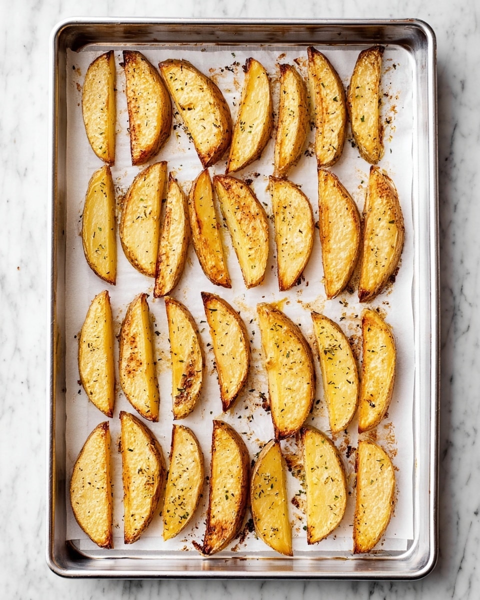 The image shows a metal baking tray covered with white parchment paper on a white marbled surface. On the tray, there are thirty golden-brown roasted potato wedges arranged neatly in five rows with six wedges each. Each potato wedge has a crispy, slightly darker brown edge and a tender, light yellow inside with some herbs and seasoning flakes visible on the surface. The parchment paper beneath has some brown roasting marks where the wedges have touched it. Photo taken with an iphone --ar 4:5 --v 7