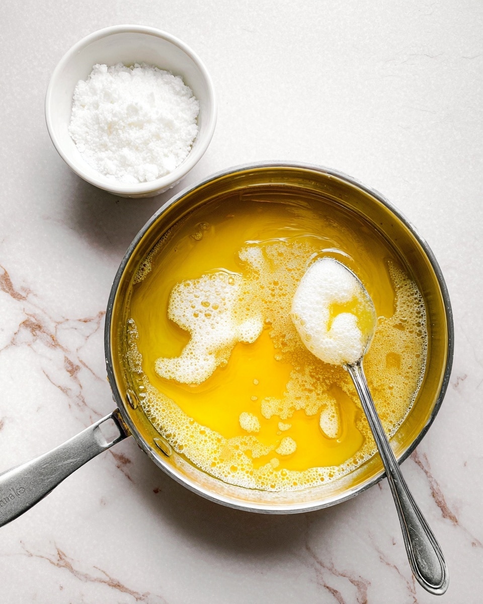 A shiny silver pan filled with golden yellow melted butter, topped with white foam patches floating on the surface; a silver spoon holding some of the foam rests inside the pan on the right side, while above the pan sits a white bowl with more white foam inside, all placed on a white marbled surface. photo taken with an iphone --ar 4:5 --v 7