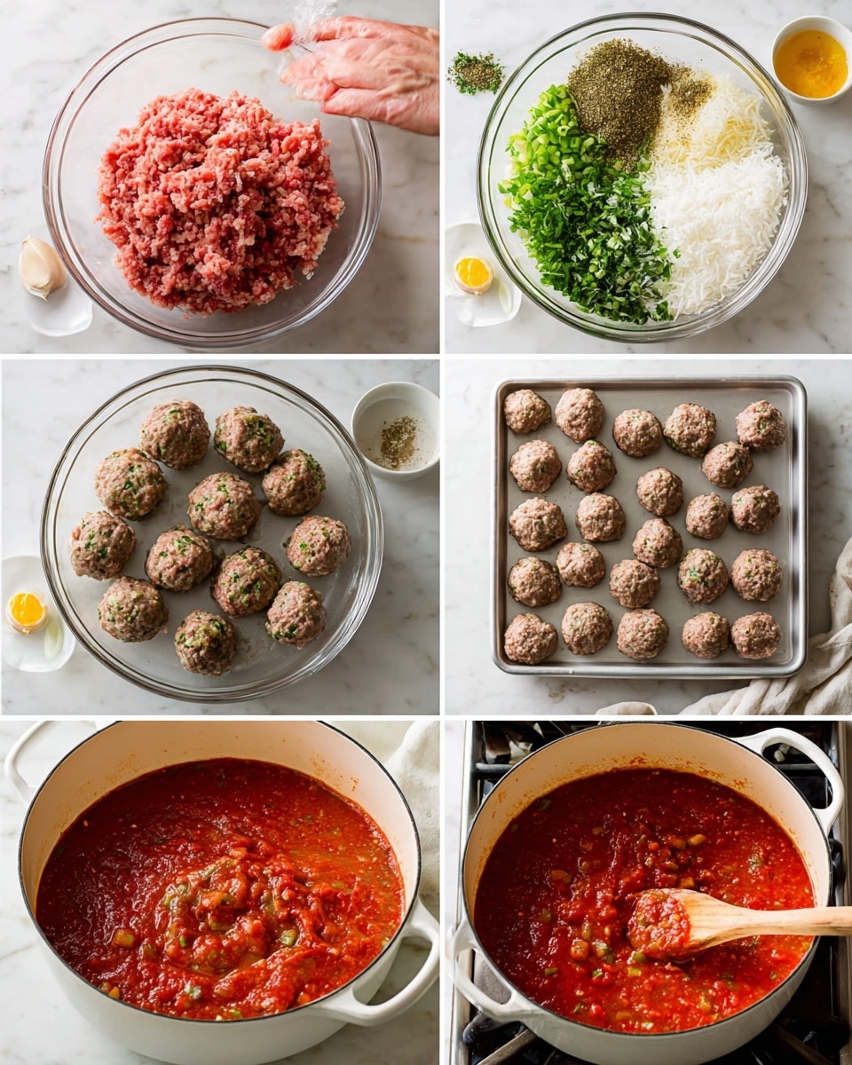 The image shows a white pot filled with round meatballs covered in thick red tomato sauce. The meatballs have a slightly rough texture and are spread evenly in the sauce. Bright green chopped herbs are sprinkled over the meatballs and sauce, adding a fresh touch. A wooden spoon is partially submerged on the left side of the pot, resting against the meatballs. The pot is placed on a white marbled surface with a dark green cloth nearby and some fresh green herbs on the bottom right. photo taken with an iphone --ar 4:5 --v 7