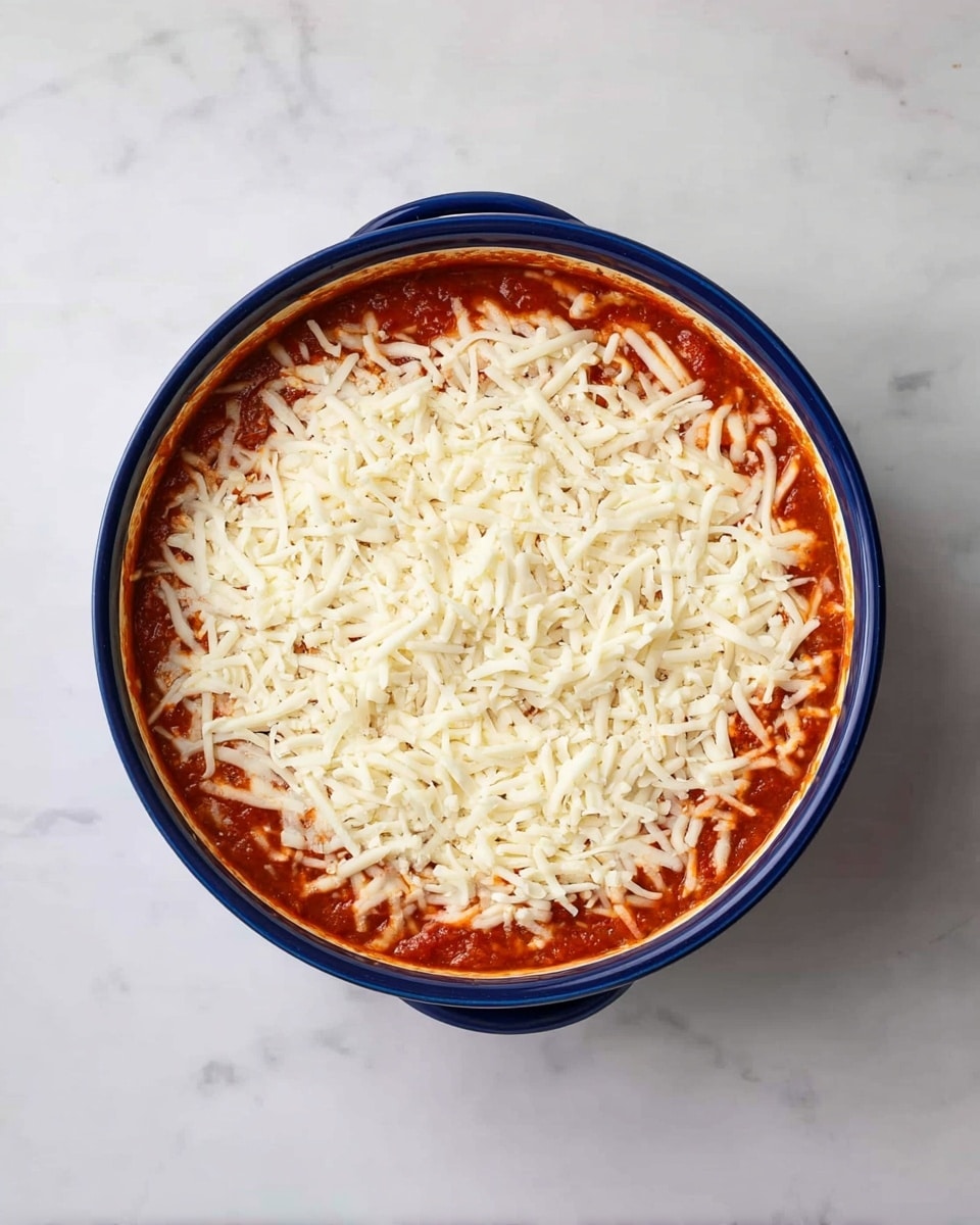 A round blue pot filled with two visible layers: the bottom layer is a thick red tomato sauce forming a smooth base, and the top layer is a generous, even spread of shredded white cheese covering the sauce. The pot sits on a white marbled surface, and the cheese looks fresh and soft, slightly scattered with some strands lying in different directions, giving a textured look. Photo taken with an iphone --ar 4:5 --v 7