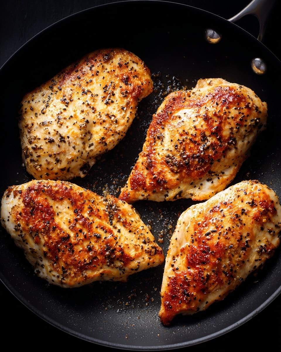 The image shows four pieces of cooked chicken in a black pan. Each piece is golden brown with darker browned spots, and they are sprinkled with black pepper. The chicken pieces are spread out evenly in the pan, with some parts looking crispier than others. The pan has small silver rivets on the handle area, and the background is dark, highlighting the chicken. Photo taken with an iphone --ar 4:5 --v 7