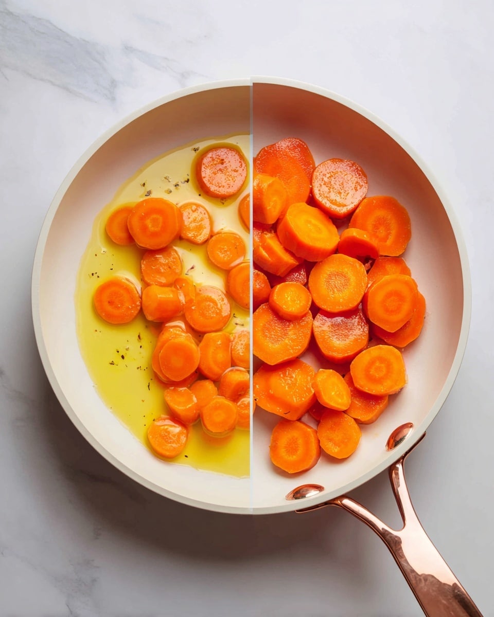 A white pan with a rose gold handle holds bright orange, round carrot slices in two different stages of cooking. On the left side, the carrot slices are shiny and soft-looking, sitting in a light yellowish oily liquid, covered partially by a glass lid reflecting light. On the right side, the carrot slices appear more cooked with a slightly darker orange color and a light browning on some pieces, resting in a small pool of yellow oil. The background surface is a white marbled texture. photo taken with an iphone --ar 4:5 --v 7