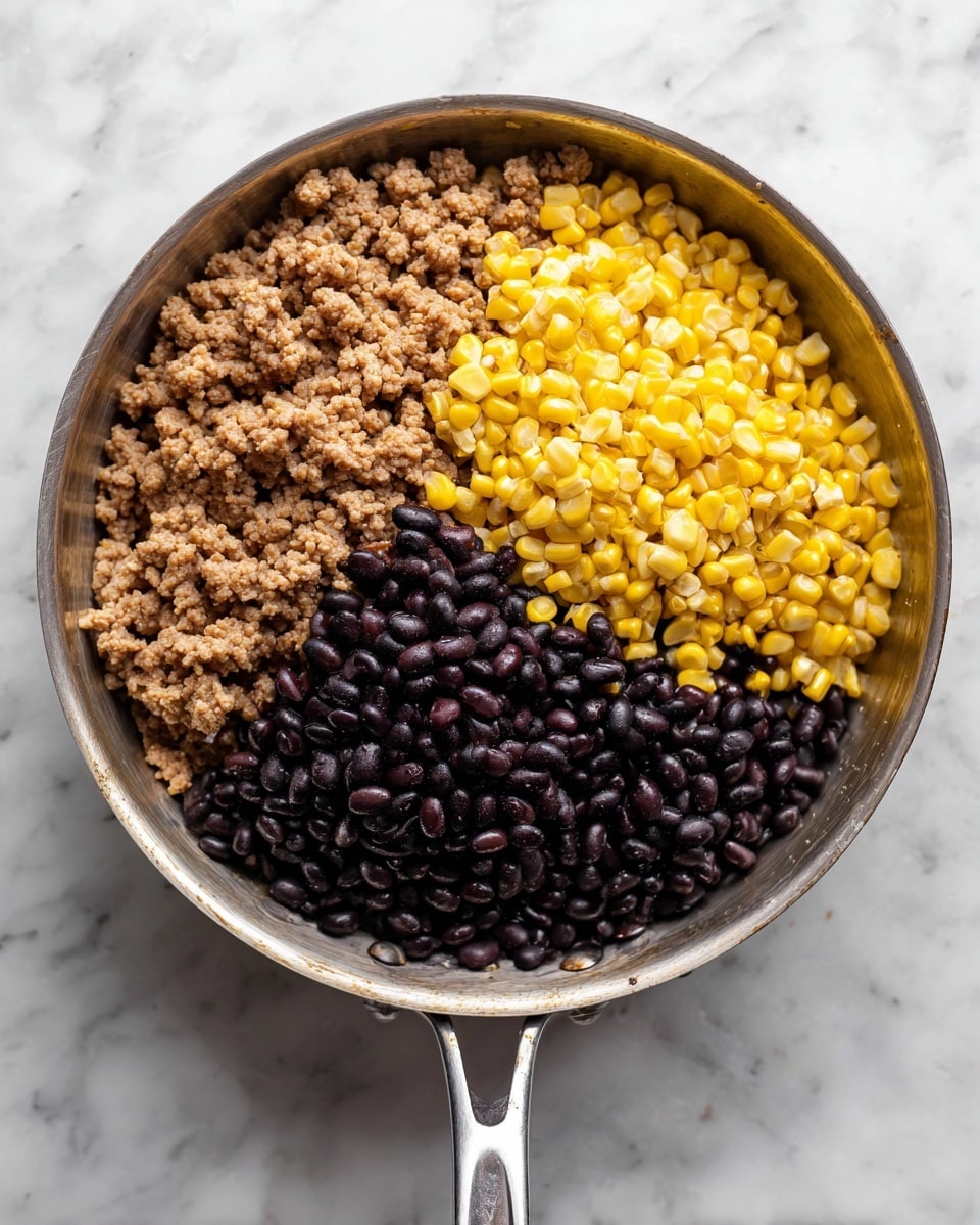 A metal pan sits on a white marbled surface, filled with three clear layers of ingredients. The bottom layer is light brown ground meat covering the entire pan. On top of this, bright yellow corn is placed mostly on the left side. The final layer is a large pile of shiny black beans located on the right half, slightly covering some of the corn and ground meat. The pan handle points downwards, and the image is taken from above. Photo taken with an iphone --ar 4:5 --v 7