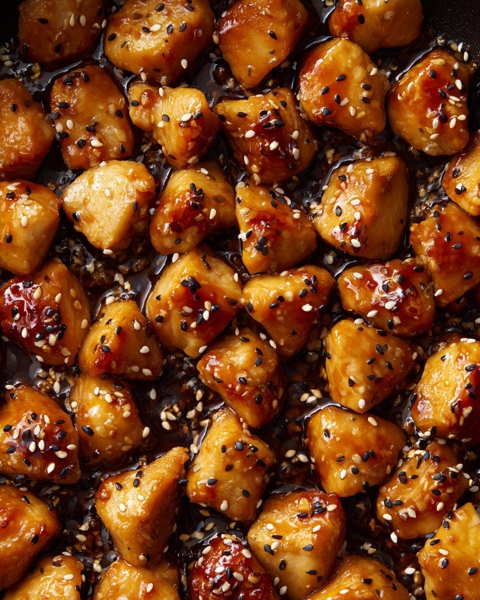 The image shows many small, golden-brown chicken pieces in a pan, each piece coated in a shiny, sticky sauce. The chicken chunks have a smooth texture with some darker brown seared edges, and they are sprinkled with white and black sesame seeds. The pieces are scattered unevenly, filling the pan in a close view that highlights the glossy glaze on each chunk. The background and surface are not visible, focusing fully on the cooked chicken. photo taken with an iphone --ar 4:5 --v 7