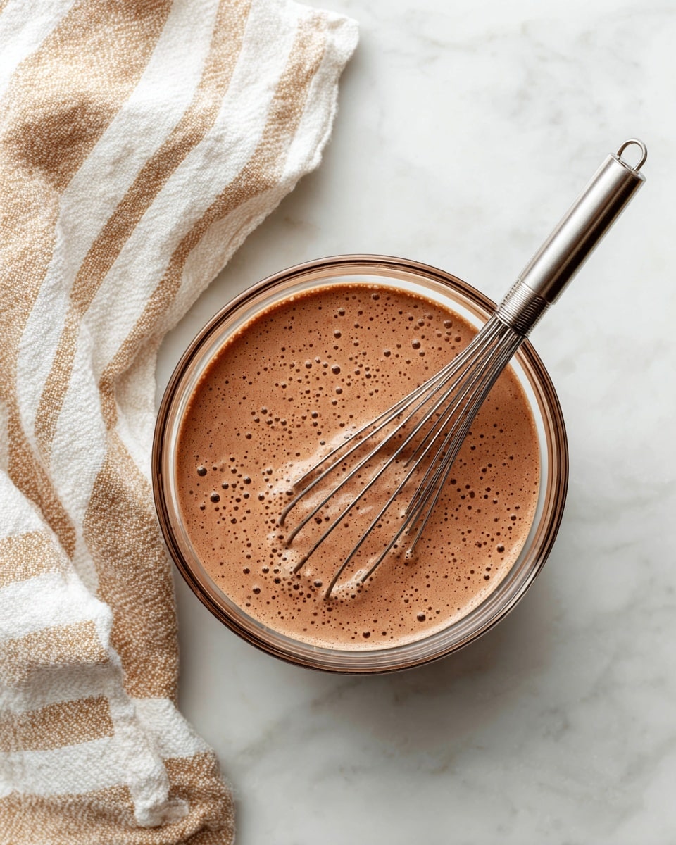 A clear glass bowl filled with light brown chocolate mixture that looks smooth with tiny bubbles on top; a silver whisk is placed inside the bowl on the right side, resting diagonally with the handle pointing downwards. The bowl is on a white marbled surface with a beige and white striped cloth on the left side. Photo taken with an iphone --ar 4:5 --v 7