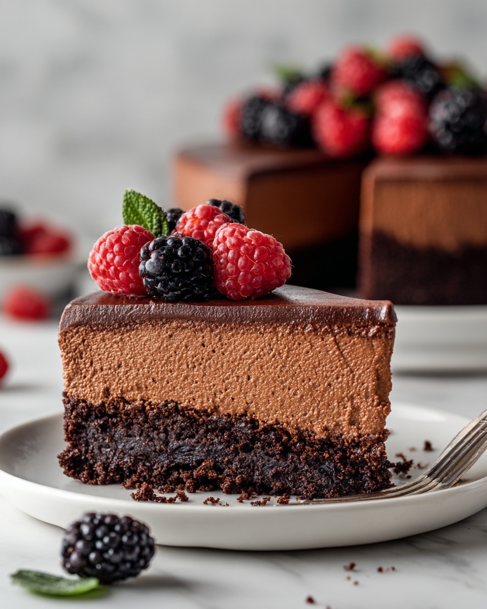 A round chocolate cake with a rough textured top layer dusted with cocoa powder sits on a white plate. The cake is cut into four slices on the right side, showing a dense chocolate interior of one layer. In the center, there is a pile of fresh red raspberries and black blackberries with a few green mint leaves on top, adding bright color contrast. The whole setting is on a white marbled surface. photo taken with an iphone --ar 4:5 --v 7
