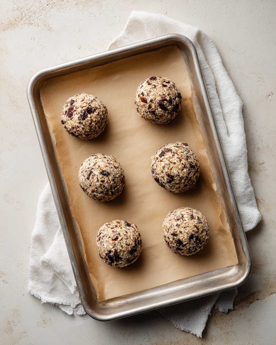 Four dough balls with a chunky texture, speckled with dark chocolate chips and dried fruit pieces, are placed evenly on a sheet of brown parchment paper. The paper lines a silver baking tray, which rests on a white cloth that contrasts with the warm beige and brown tones of the background surface. The dough balls appear rough and slightly uneven, showing visible mixed-in ingredients with a soft, crumbly look. photo taken with an iphone --ar 4:5 --v 7