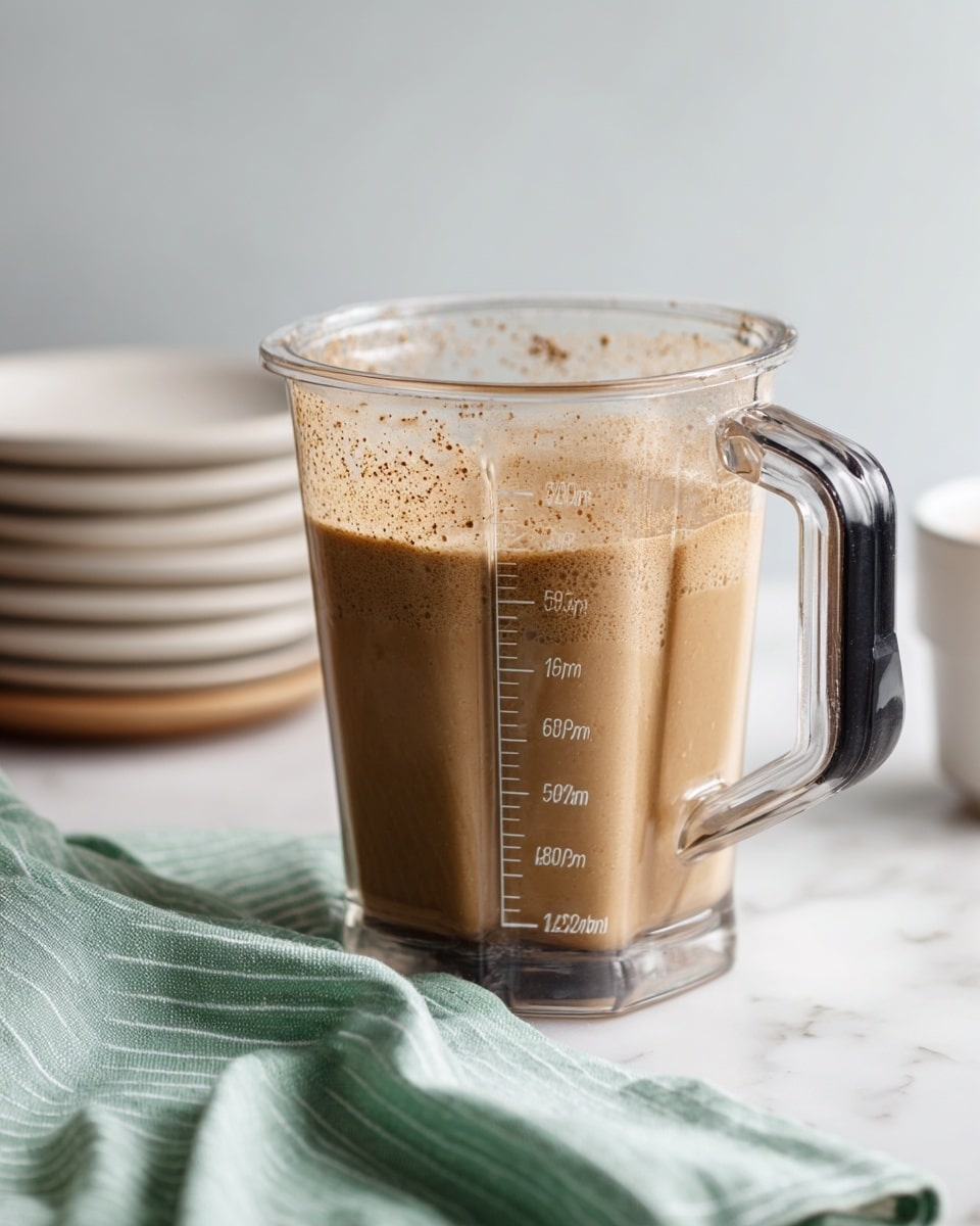 A clear blender jar filled halfway with a smooth, thick, light brown liquid that has a slight frothy layer on top. The jar has measurement markings on the side and a black and clear handle on the right. The blender sits on a white marbled surface with a soft green and white striped cloth partially visible in the foreground. Behind the blender, there is a stack of white plates and a beige place mat. The background is soft white with a clean, minimal look. photo taken with an iphone --ar 4:5 --v 7