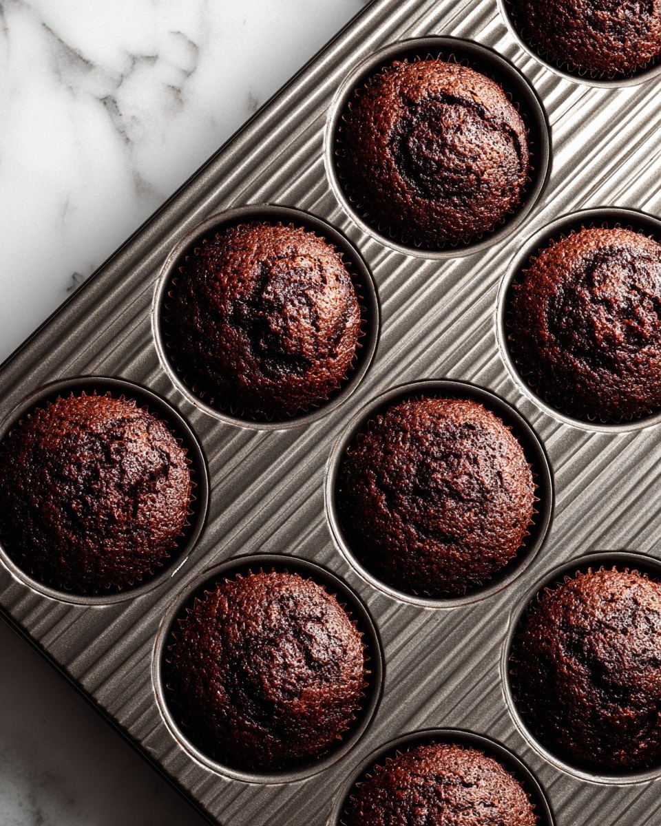 This image shows a close-up of a metal muffin tray with nine freshly baked dark chocolate muffins, each in its own round cup. The muffins are slightly risen with cracked tops, showing a textured, moist surface in a deep brown color. The muffin tray has a ridged surface and the whole scene is set against a white marbled texture. photo taken with an iphone --ar 4:5 --v 7