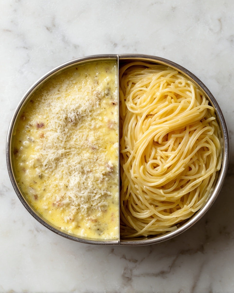 The image shows two stages of a pasta dish in two round metal pots side by side on a white marbled surface. The left pot holds a thick yellow sauce with small bits of brown and white, topped with a sprinkle of grated cheese that looks light and powdery, covering about half the surface. The right pot contains plain cooked spaghetti, pale yellow and soft in texture, loosely piled and slightly curved, filling the pot evenly. The light shines softly, highlighting the creamy look of the sauce and the smooth strands of pasta. photo taken with an iphone --ar 4:5 --v 7