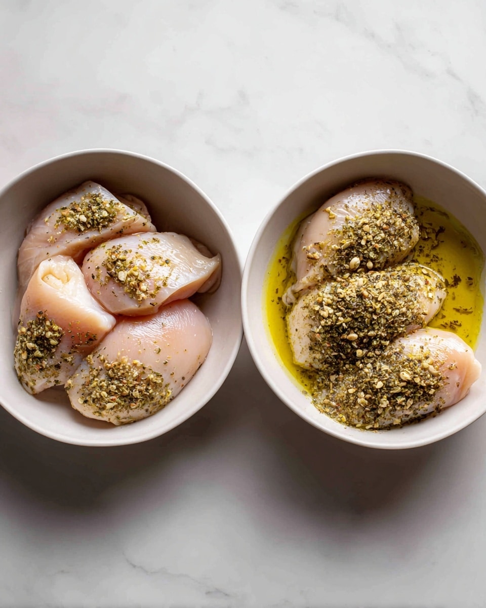 The image shows a diptych of two white bowls on a white marbled surface. In the left bowl, there are four raw chicken pieces with a pale pink color and smooth texture, slightly shiny from moisture. In the right bowl, the same chicken pieces are covered in a layer of yellow olive oil and a generous sprinkle of dried herbs and spices, which add a greenish-brown speckled texture on top. The chicken pieces still show a pale pink, wet surface under the oil. photo taken with an iphone --ar 4:5 --v 7