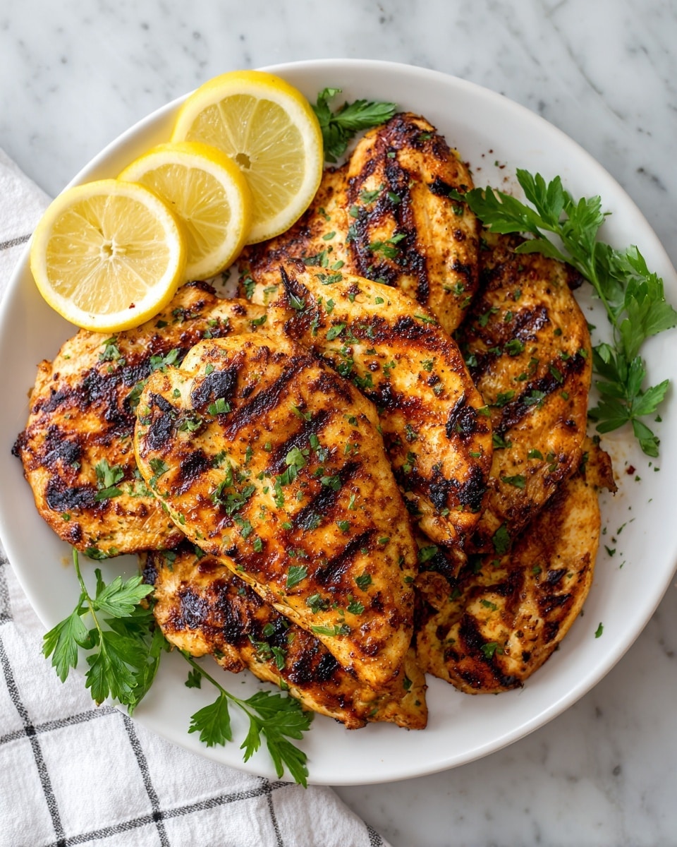 The image shows a white plate with three main layers of food arranged neatly. At the bottom left, there are two thin lemon slices forming the first layer with a bright yellow color and glossy texture. On top of the lemon slices, a thick grilled chicken piece with a golden-brown charred surface and sprinkled with green chopped herbs forms the second layer in the center of the plate. To the right, several grilled asparagus spears with dark brown grill marks and a fresh green color lie side by side, creating the third layer. Above the chicken, four golden yellow grilled round squash slices with light charred marks and some black pepper flakes make the final layer toward the top left. The plate sits on a white marbled surface with a blue and white striped cloth underneath. photo taken with an iphone --ar 4:5 --v 7