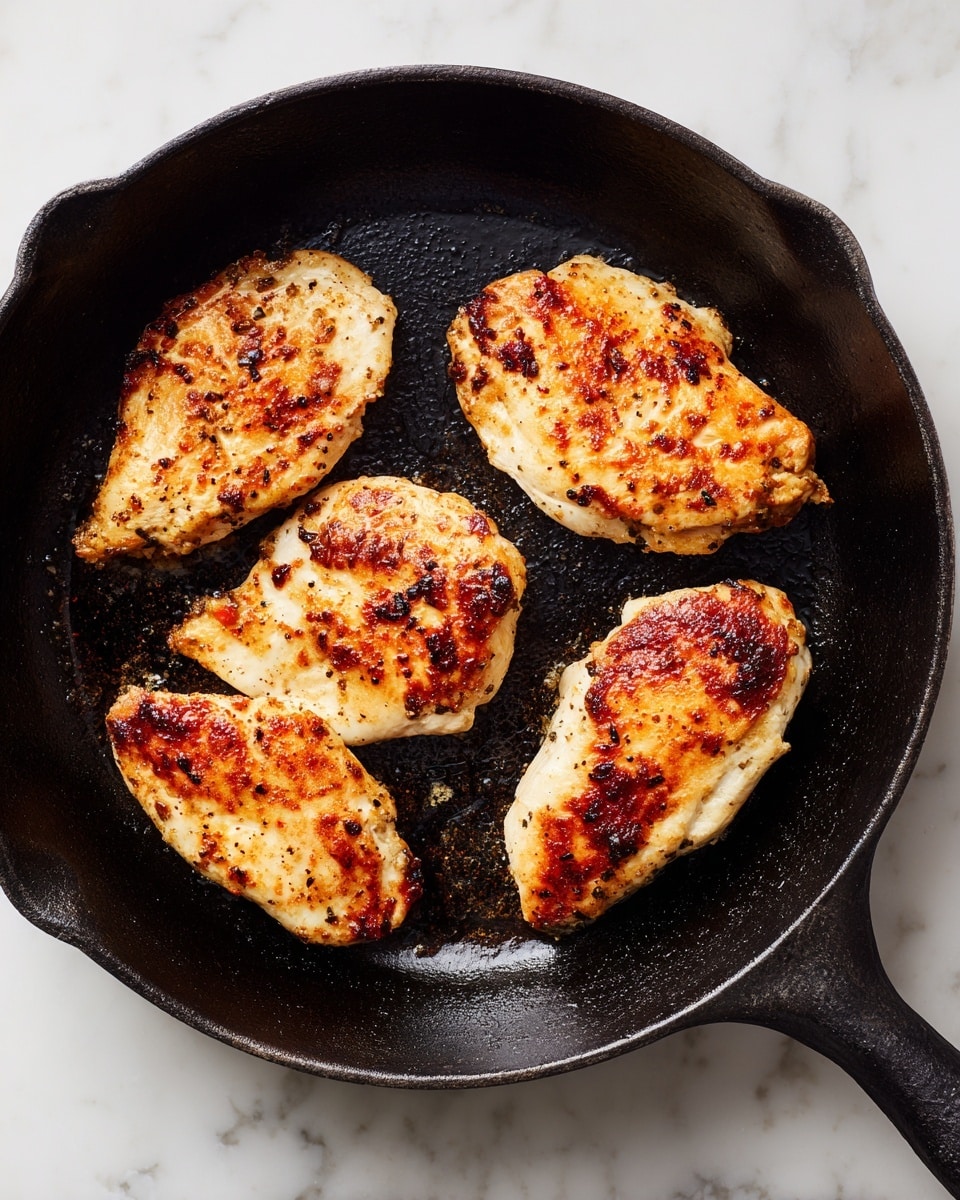 A black cast iron pan holds four cooked pieces of chicken with a light golden brown crust. Each piece has a slightly different shape and size, with a soft white interior visible in some areas. The chicken pieces have a browned texture on the top and edges, contrasting with the black pan surface that shows small oil spots and slight charring. The pan rests on a white marbled surface, creating a clean background. photo taken with an iphone --ar 4:5 --v 7