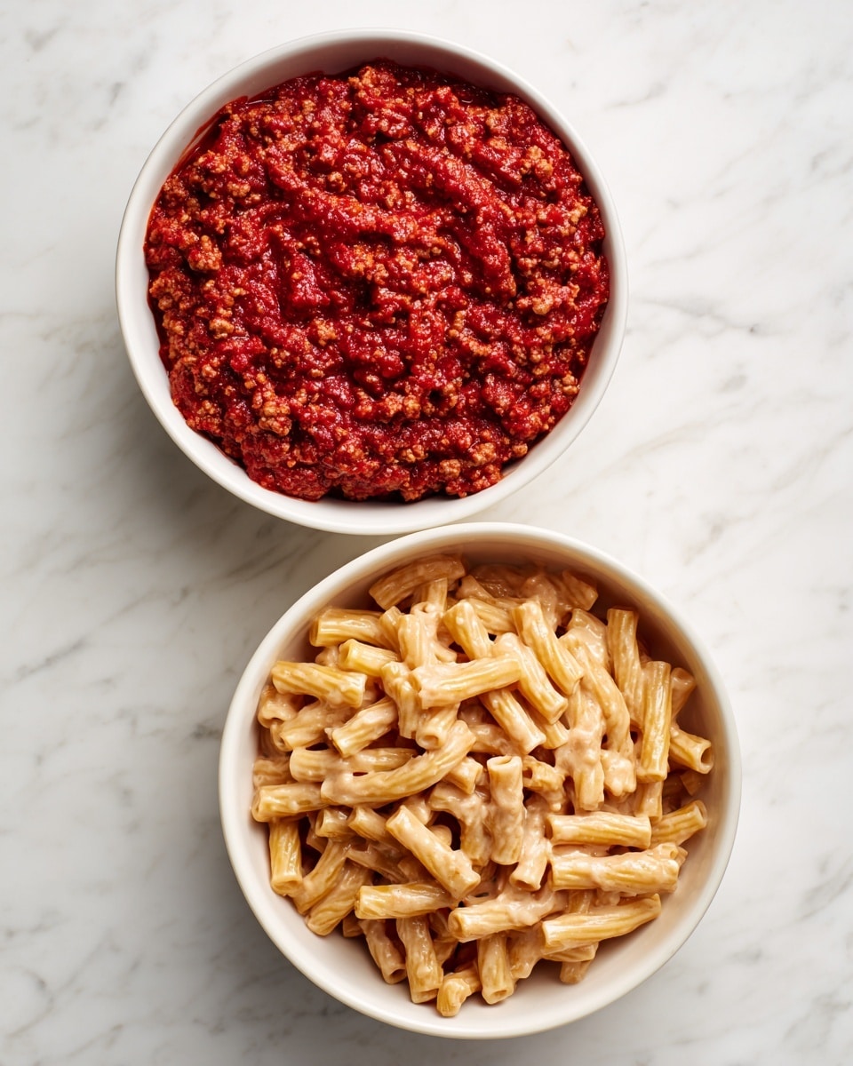 The image shows two white bowls placed on a white marbled surface. The top bowl contains a thick, vibrant red sauce with small chunks of ground meat evenly spread throughout the surface. The sauce has a rich and smooth texture with a glossy finish. The bottom bowl is filled with cooked short tube-shaped pasta mixed evenly with a creamy, light pink sauce that coats each piece, giving the pasta a soft and smooth look. The sauce appears thick and rich, blending well with the pasta pieces. photo taken with an iphone --ar 4:5 --v 7