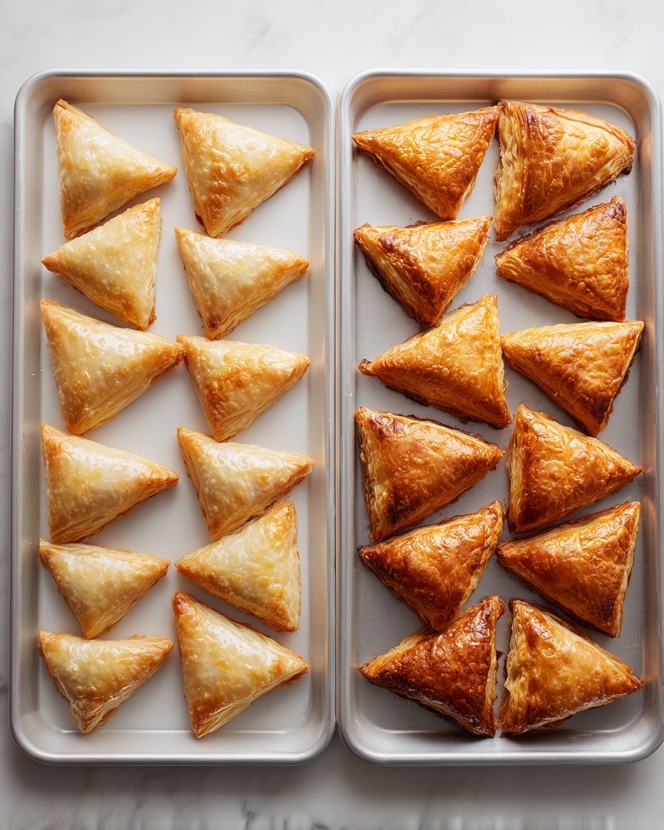 The image shows two white baking sheets placed side by side on a white marbled surface. The left sheet holds rows of raw triangular pastries made with thin white layers of dough wrapped around filling, arranged neatly with slight gaps between each piece. The right sheet displays the same pastries after baking, now golden brown with a crisp, flaky texture clearly visible on the surface and edges. Each triangle has multiple thin, flaky layers that catch the light, showing a crispy, browned finish. The background and baking sheets are clean and bright, highlighting the contrast between the raw and cooked pastries. photo taken with an iphone --ar 4:5 --v 7
