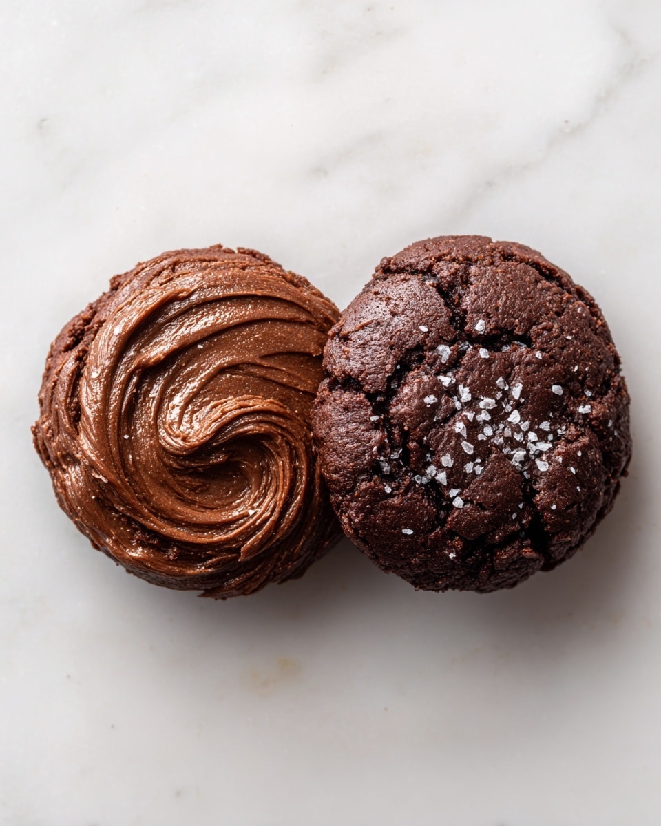 The image has two round chocolate cookie dough blobs side by side on a white marbled surface. The left blob is smooth and shiny with soft swirls in dark rich brown color showing wet dough texture. The right blob is a fully baked cookie with a cracked surface and rough texture. It is darker brown with scattered white salt flakes on top. The cookies are large and thick, showing contrast between raw dough and baked cookie. Photo taken with an iphone --ar 4:5 --v 7