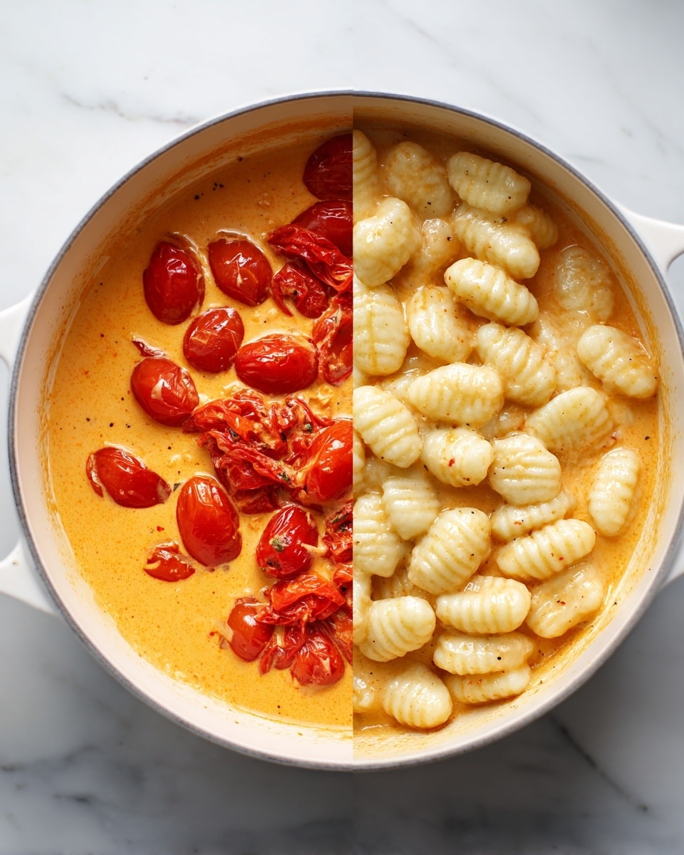 The image shows a close-up of two stages of a gnocchi dish in a white pot on a white marbled surface. On the left side, there is a layer of creamy orange sauce with whole red cherry tomatoes scattered, topped with a pile of small, white, soft gnocchi with distinct ridges, creating a textured contrast to the smooth sauce. On the right side, the gnocchi is mixed into the orange sauce, coating each piece evenly with a shiny, creamy texture, and the tomatoes are softened and slightly broken, adding red spots over the rich orange background. The whole dish looks warm and inviting, with a smooth and thick consistency. photo taken with an iphone --ar 4:5 --v 7