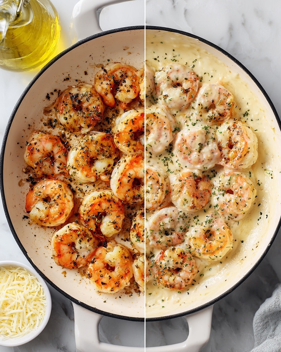 The image shows a close-up of a red pan filled with a creamy pasta dish on a wooden surface. The pasta is large tubular rigatoni, pale yellow in color, mixed with several large shrimp that are pinkish-orange with black pepper seasoning on them. The creamy sauce is light beige and coats the pasta and shrimp evenly. There are small bits of green herbs scattered throughout, adding hints of color, and some pieces of what looks like cooked bacon or pancetta. The pasta and shrimp layers are mixed together, showing a rich, hearty texture with a slight gloss from the sauce photo taken with an iphone --ar 4:5 --v 7