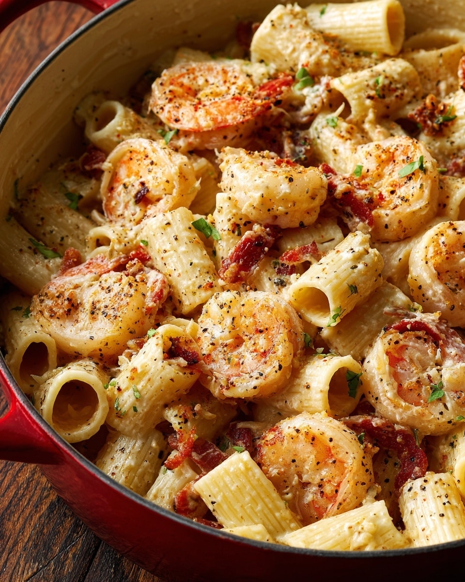 A white bowl filled with thick tube-shaped pasta pieces mixed with large shrimp coated in a creamy light orange sauce. The sauce has visible herbs and small bits of green leaves scattered throughout. Orange carrot slices and small mushrooms are mixed in, adding soft texture and color contrast. The dish is garnished with black pepper flakes and herbs on top. A silver fork is resting on the right edge of the bowl, and the bowl sits on a wooden table. Photo taken with an iphone --ar 4:5 --v 7