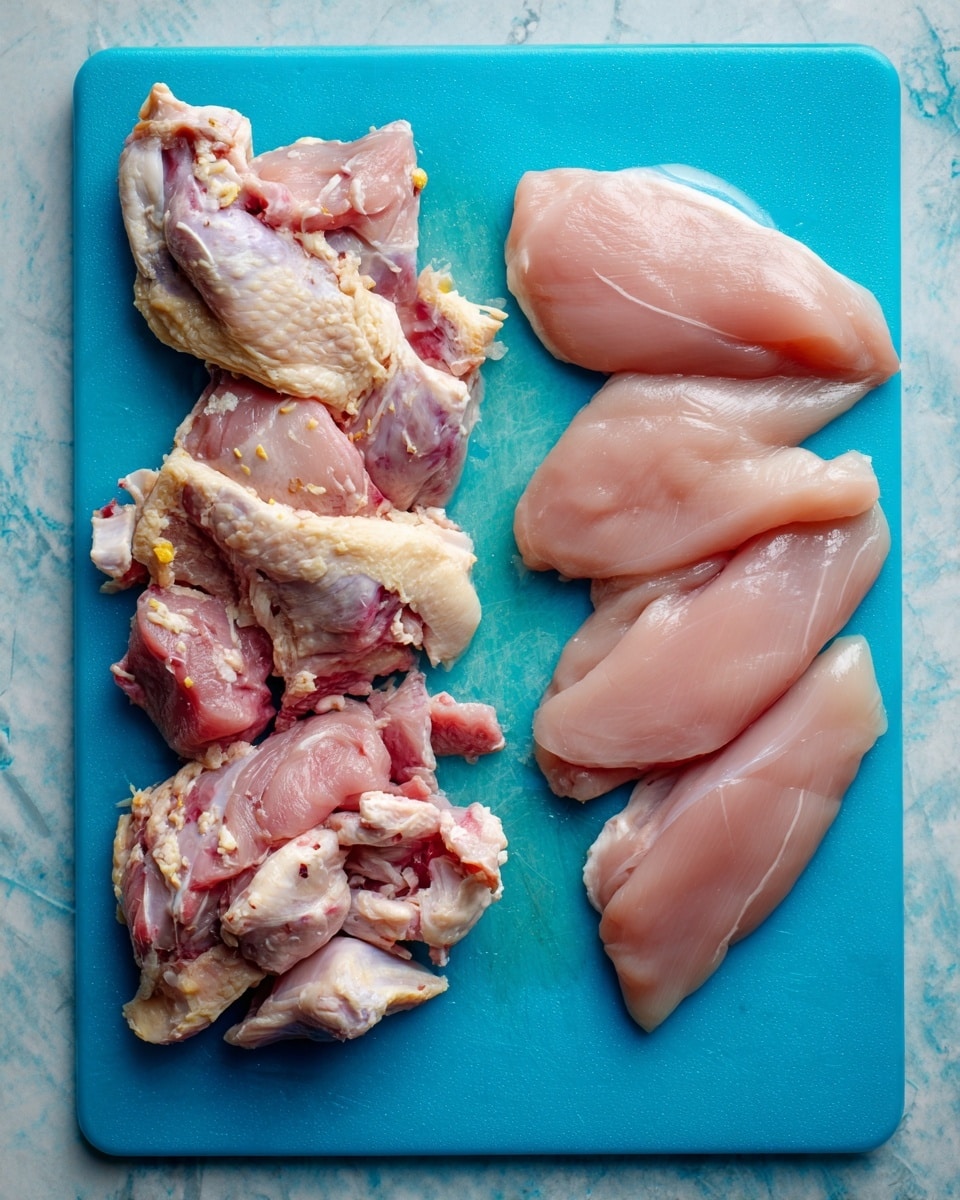 The image shows raw chicken parts placed on a bright blue cutting board. On the left side, there are uneven pieces of raw chicken with visible bones and fat, showing a mix of light pink and beige colors with some darker spots. On the right side, there are four smooth, plump chicken fillets, pale pink in color, arranged close to each other. The surface under the board is replaced by a white marbled texture. The photo is clear with a natural light effect. photo taken with an iphone --ar 4:5 --v 7