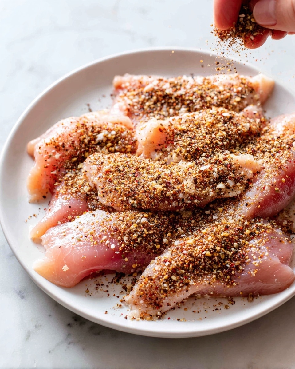 A white plate holds several raw pink pieces of sliced chicken lying flat and slightly overlapping. The chicken is sprinkled evenly with a mixture of brown, black, and reddish spices, giving a textured, grainy look across the meat. A woman's hand is visible in the top right corner, gently shaking more seasoning onto the chicken. The background is a white marbled surface. photo taken with an iphone --ar 4:5 --v 7