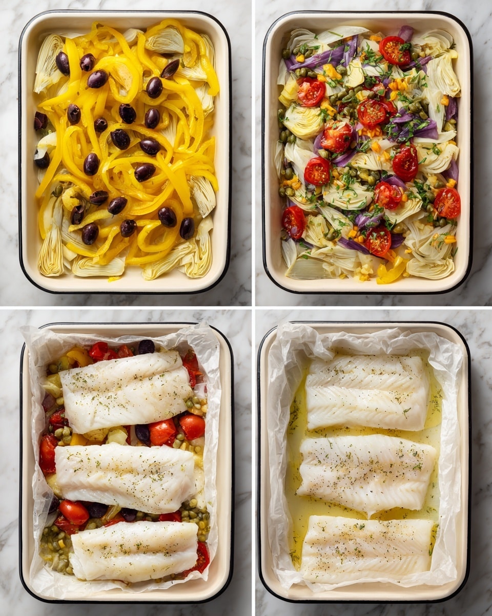 The image shows a white enamel tray with black trim in four steps of preparation. The first step shows a layer of bright yellow sliced bell peppers, black olives, halved red cherry tomatoes, pale artichoke hearts, thin slices of shallots, sprinkled with green herbs and small green capers. The second step shows all the ingredients mixed together in the tray, with the colors blending into a fresh colorful mix of yellow, black, red, cream, and light purple. The third step shows four white fish fillets on crumpled white parchment paper, glistening with oil and lightly seasoned with salt and pepper. The last step shows the fish fillets placed on top of the vegetable mix in the tray, with all layers visible, creating a bright and colorful dish with pale fish on top of the vibrant vegetables. The background is a white marbled texture. Photo taken with an iphone --ar 4:5 --v 7