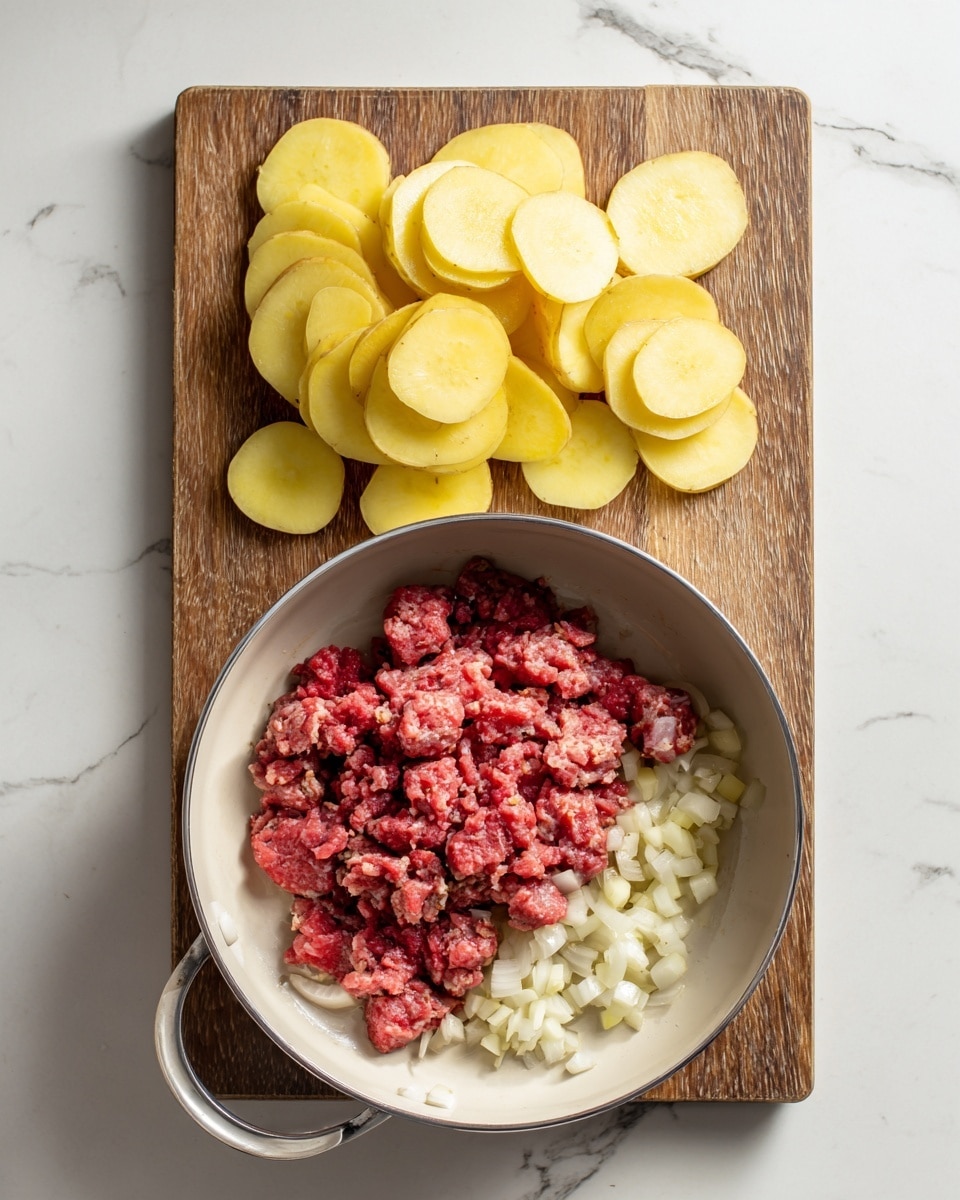 The image shows two parts: on the top, thin yellow potato slices are neatly stacked and spread on a wooden board. On the bottom, a white pan sits on a white marbled surface, filled with small white chopped onions and chunks of raw red ground meat placed on top, ready to cook. The colors include the yellow of the potatoes, the red of the meat, the white of the onions, the silver of the pan, and the brown of the wooden board. photo taken with an iphone --ar 4:5 --v 7