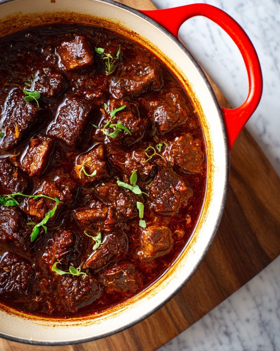 A close-up image of a white cast iron pot with a bright red handle showing thick dark brown stew inside, with chunks of tender meat spread throughout the rich sauce. Small green herb leaves are sprinkled lightly on top, adding a fresh contrast to the deep brown sauce. The pot sits on a wooden surface with a white marbled texture background partially visible. Photo taken with an iphone --ar 4:5 --v 7