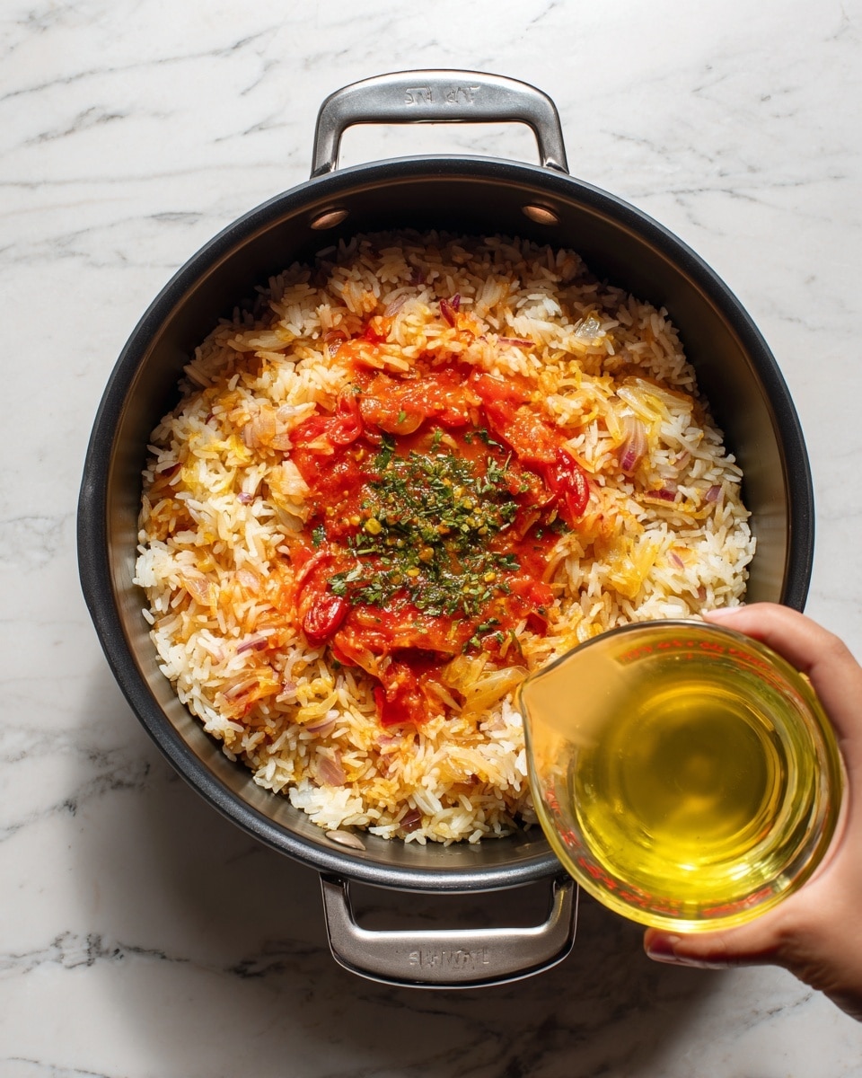 The image shows two layers in a black pot with silver handles on a white marbled surface. In the first layer, there is cooked rice mixed with small pieces of red onion covering almost the entire bottom of the pot, with a bright red chunky tomato sauce poured over the center, topped with a small heap of green herbs in the middle. In the second layer, a woman's hand is holding a clear glass measuring cup filled with golden yellow liquid, about to pour it over the rice and tomato mix. The colors contrast between the dark pot, the red and orange food, and the light-colored liquid. Photo taken with an iphone --ar 4:5 --v 7