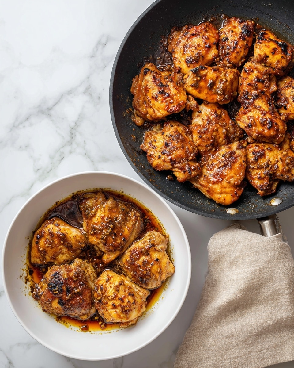 The image shows two side-by-side views of chicken thighs. On the left side, there is a white bowl with raw chicken thighs covered in a dark sauce with bits of seasoning visible, showing a shiny, wet texture. On the right side, there is a black frying pan filled with cooked chicken thighs that have a browned, crispy surface with charred spots, giving a textured, golden-brown look. Both containers rest on a white marbled surface with a beige cloth next to the pan. Photo taken with an iphone --ar 4:5 --v 7