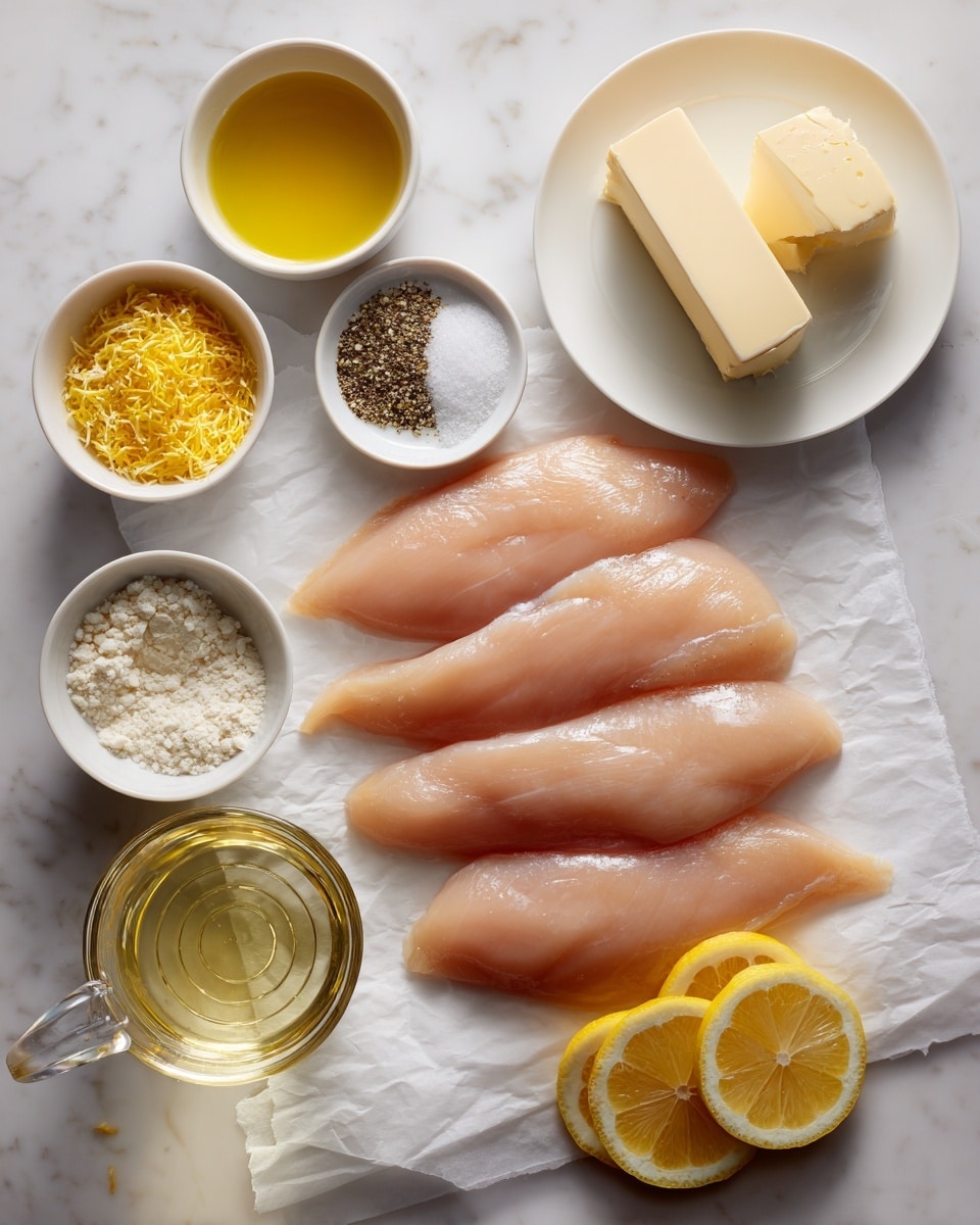 A white rectangular dish holds six golden brown cooked chicken pieces arranged in two neat vertical layers, each piece lightly browned with seasoning. Thin yellow lemon slices are placed between and on top of the chicken, adding a bright contrast. Small green parsley leaves are sprinkled over the chicken and lemon slices for freshness. The dish rests on a white marbled surface with a blue cloth and silver fork and knife placed next to it. Photo taken with an iphone --ar 4:5 --v 7