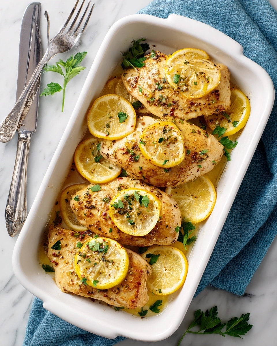 A white plate with a thin black rim holds a piece of golden-brown cooked chicken with a crispy texture, topped with small green herbs and three yellow lemon slices placed on and around the chicken on the right side. To the left, there is a fresh green salad made of leafy arugula, slices of bright red cherry tomatoes, and some dark purple olives mixed in. A lemon wedge rests at the bottom edge of the plate near the chicken. A silver fork is placed on the right side of the plate, touching the chicken. The plate is set on a white marbled surface with some green parsley leaves scattered around, and a blue cloth is visible under the plate on the left. In the background, there is part of another white plate with cooked chicken and lemon slices and a small white plate with lemon wedges nearby. photo taken with an iphone --ar 4:5 --v 7