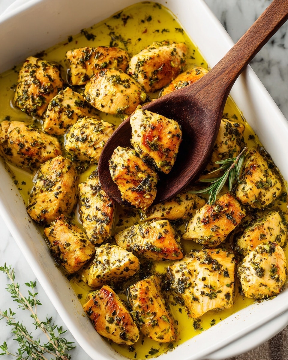 A white plate holds two layers: a bottom layer of smooth, white mashed potatoes spread evenly, topped with golden-brown grilled chicken pieces scattered in the center. The chicken has a slightly crispy texture with specks of green herbs on top, and a light oily glaze that drips slightly onto the potatoes. Small bits of chopped parsley are sprinkled over the chicken and plate edge. The plate sits on a white marbled textured surface with a small bowl of chopped green herbs nearby, and a rustic knife and fork to the side. Photo taken with an iphone --ar 4:5 --v 7