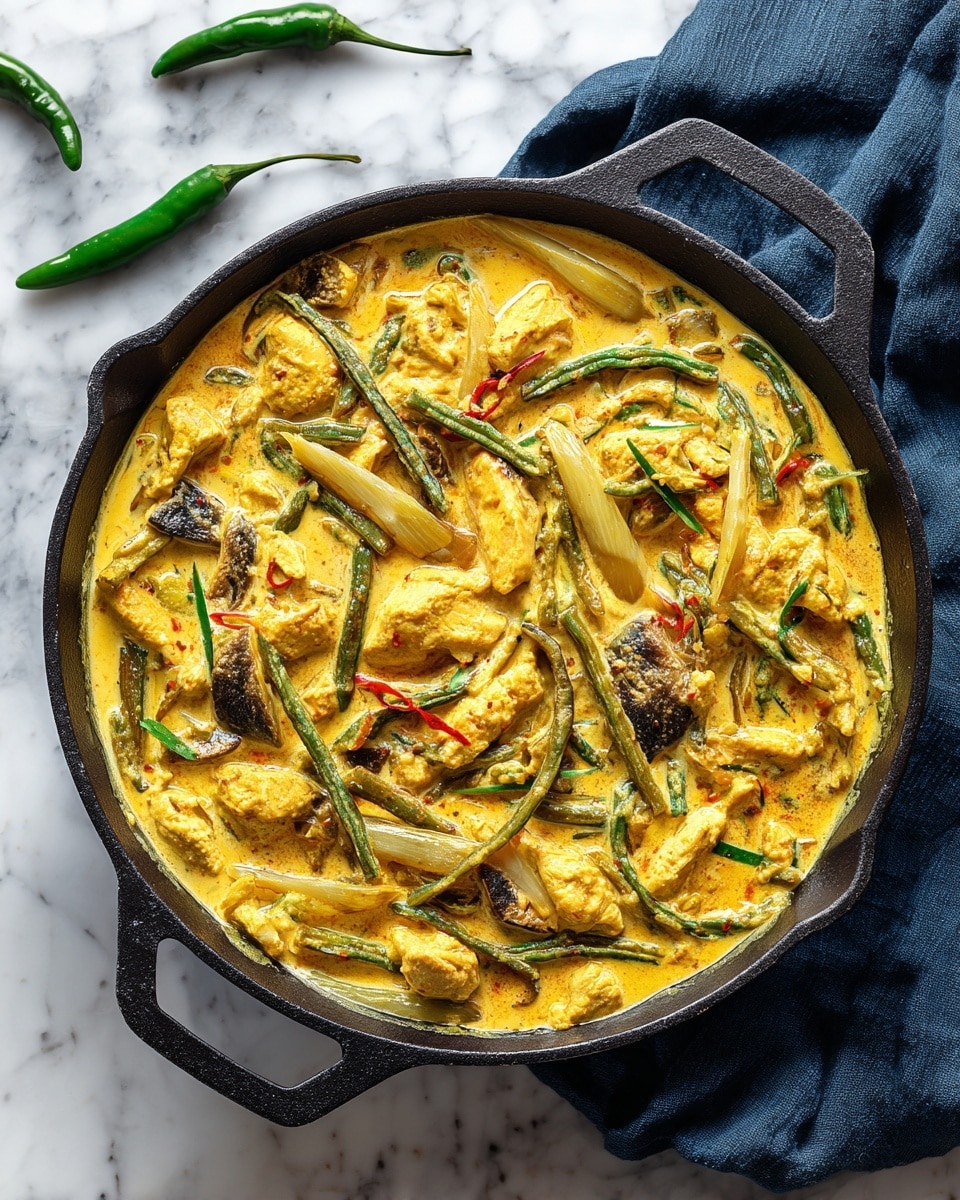 The image shows a black cast iron pan filled with a creamy yellow curry. Inside the curry are several layers of ingredients: chunks of white chicken, long green beans, sliced bamboo shoots, and small pieces of green and dark brown vegetables, all mixed in the thick sauce. The pan is placed on a white marbled surface with a folded dark blue cloth to the side and three green chili peppers scattered nearby. The creamy texture of the curry contrasts with the vibrant green of the beans and chilies, and the black pan adds depth to the overall look. photo taken with an iphone --ar 4:5 --v 7