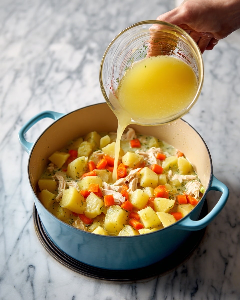 The image shows a light blue round pot with two side handles placed on a white marbled surface. Inside the pot, there is a layer of uneven yellow potato chunks sitting on top of a mix of creamy white sauce with visible small pieces of diced orange carrot and pale chicken pieces mixed with light green celery bits. In the second part of the image, a woman's hand holds a clear glass measuring cup pouring golden yellow broth into the pot, covering the potatoes and other ingredients. The stove surface under the pot is black and sleek. photo taken with an iphone --ar 4:5 --v 7