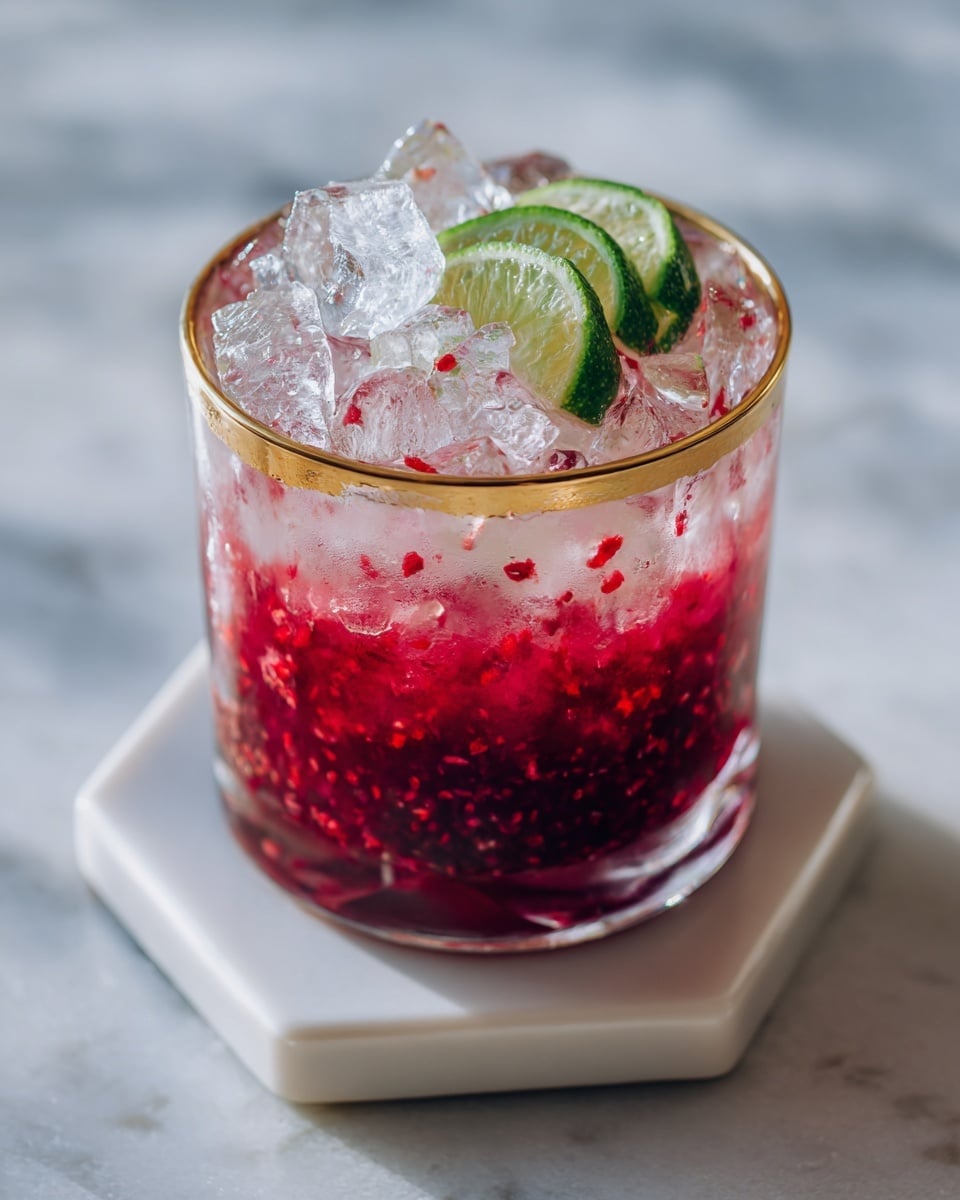 The image shows a clear glass container with a gold rim and an angular design, placed on a white marbled surface. Inside the container, dark purple and black berries form the base layer, with visible juice and crushed texture. A woman's hand is seen holding a white and gold muddler, pressing down on the berries in the left half of the image. On the right half, the same glass contains partially crushed berries at the bottom, while a green liquid is being poured or mixed from a narrow white container held by a woman's hand. Around the glass on the surface, there are whole blueberries and green lime wedges scattered for decoration. A green leafy plant is blurred in the background. Photo taken with an iphone --ar 4:5 --v 7