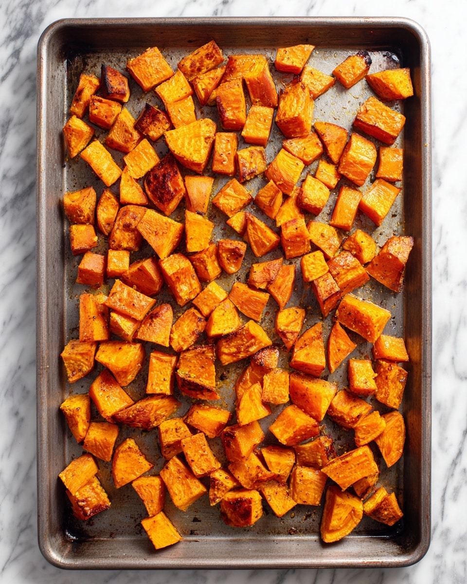 A gray baking tray filled with many small pieces of roasted sweet potato, cut into uneven cubes and chunks. The sweet potato pieces have a bright orange color with slightly darker edges showing roasting marks. There are drops of oil scattered among the sweet potatoes, giving them a shiny look. The baking tray is resting on a white marbled surface. photo taken with an iphone --ar 4:5 --v 7